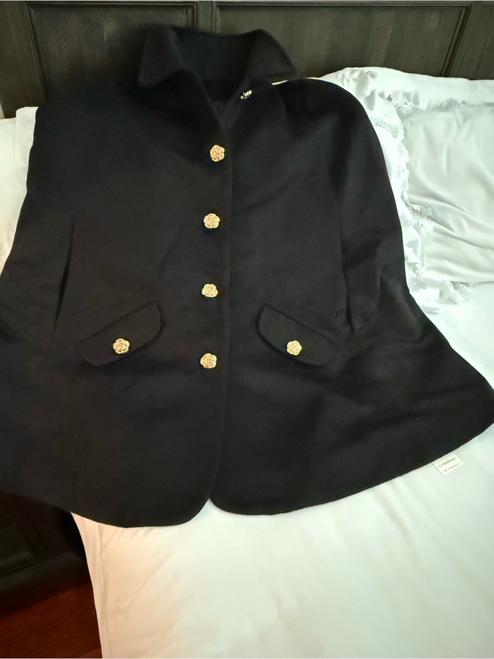 Women's Black Wool Button Front Cape Coat with Gold Buttons